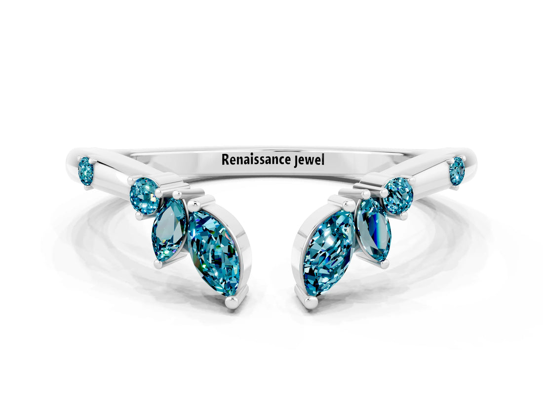 White gold Open Marquise Cluster Blue Topaz Band with Prong Setting_6