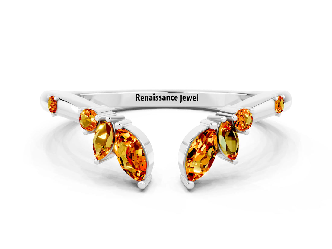 White gold Open Marquise Cluster Citrine Band with Prong Setting_6