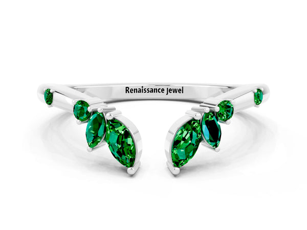 Platinum Marquise Lab-Grown Emerald Open Leaf Cluster Curved Wedding Band