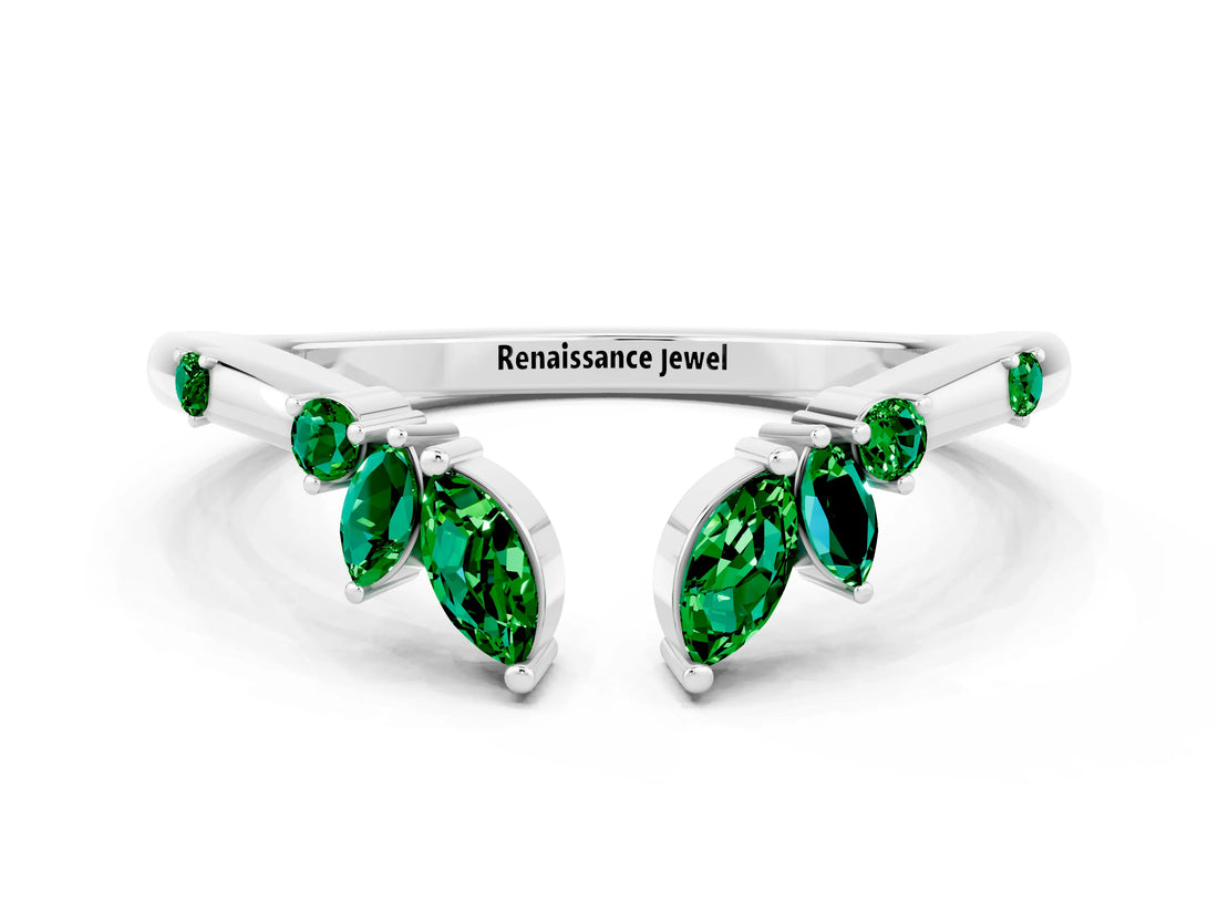 White gold Open Marquise Cluster Emerald Band with Prong Setting_6