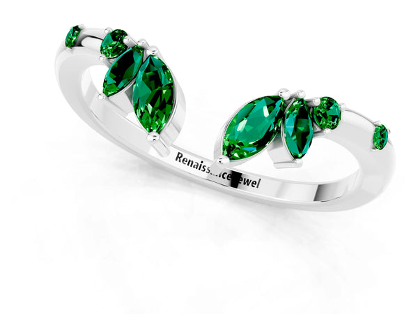 Platinum Marquise Lab-Grown Emerald Open Leaf Cluster Curved Wedding Band
