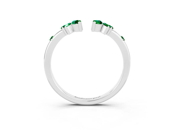Platinum Marquise Lab-Grown Emerald Open Leaf Cluster Curved Wedding Band
