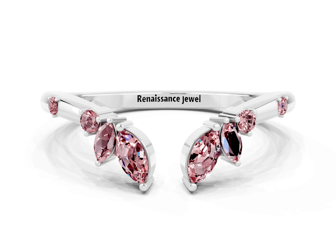 White gold Open Marquise Cluster Morganite Band with Prong Setting_6