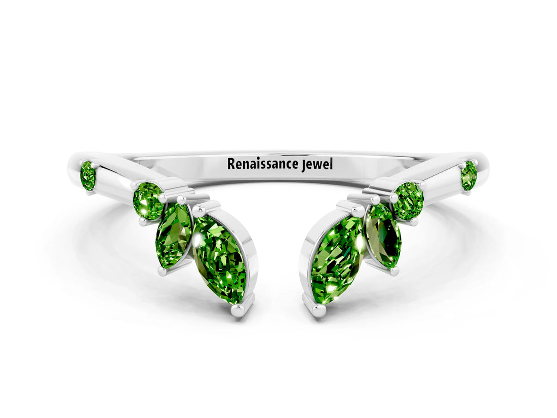 White gold Open Marquise Cluster Peridot Band with Prong Setting_6