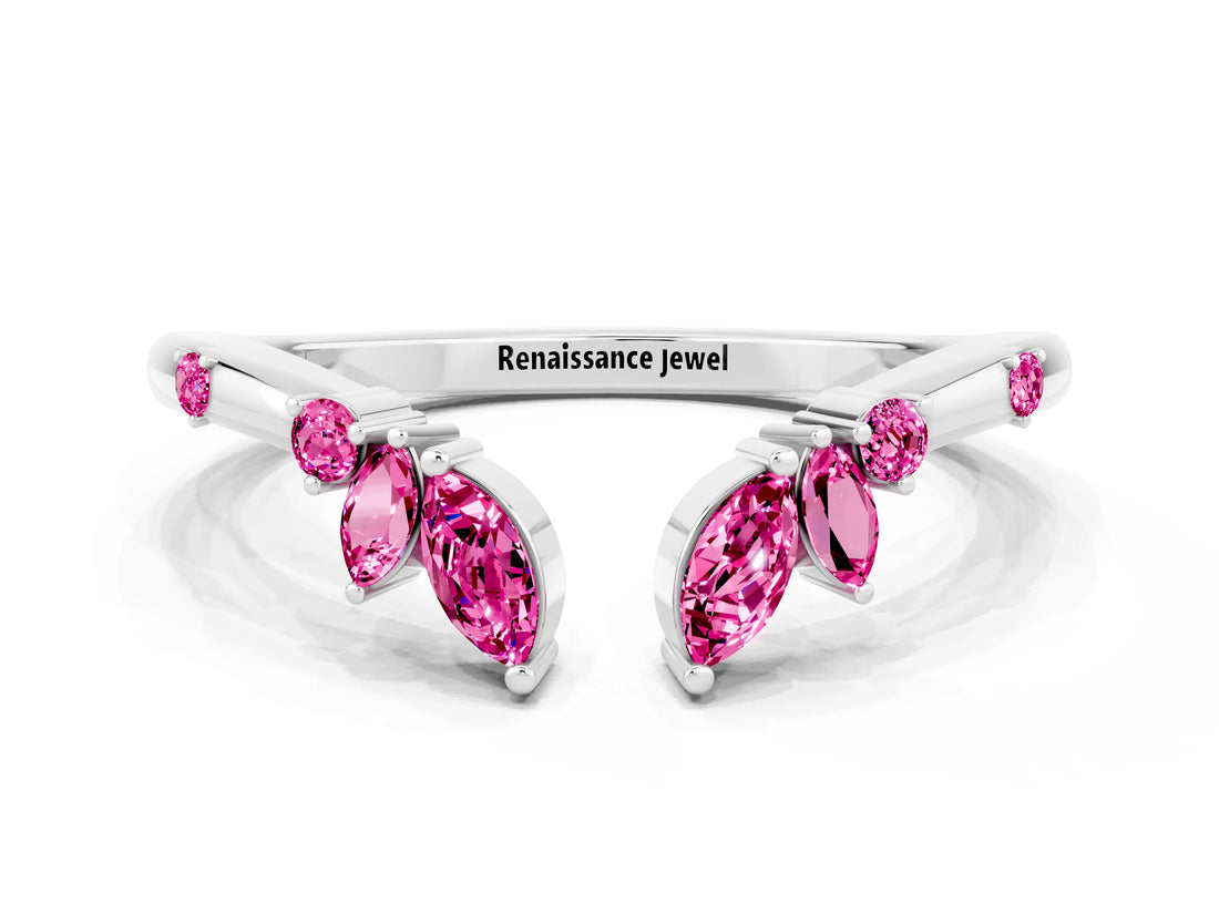 White gold Open Marquise Cluster Pink Sapphire Band with Prong Setting_18