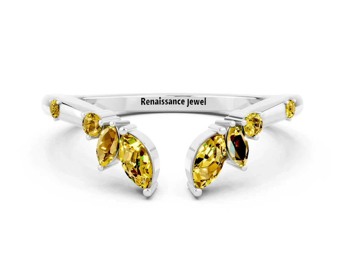 White gold Open Marquise Cluster Yellow Sapphire Band with Prong Setting_18