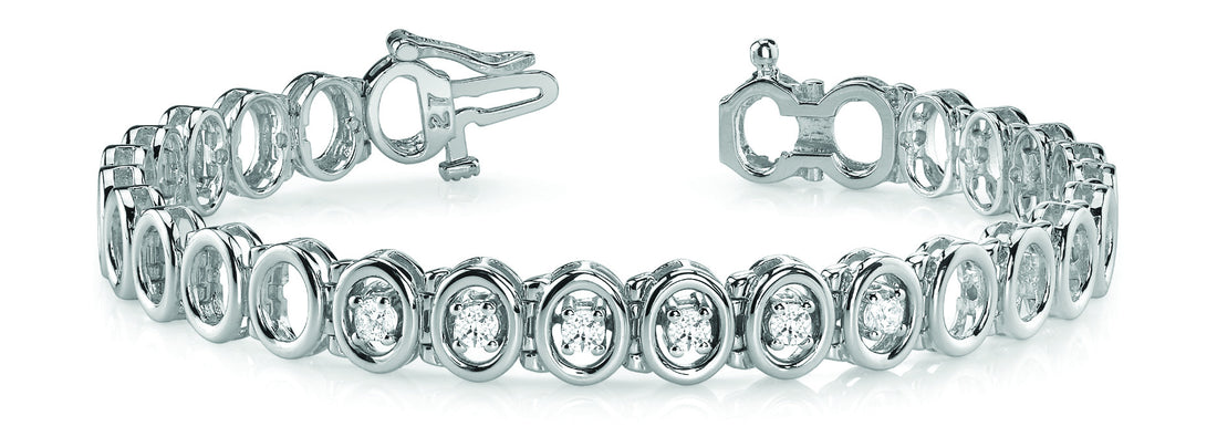 White gold Oval Bezel Set Diamond Tennis Bracelet with Half-Bezel Prong Setting