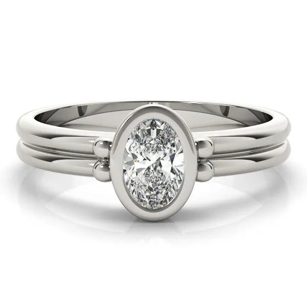White gold Oval Bezel Solitaire Ring with Split Shank Band