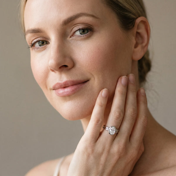 White gold Oval Bezel Solitaire Ring with Split Shank Band