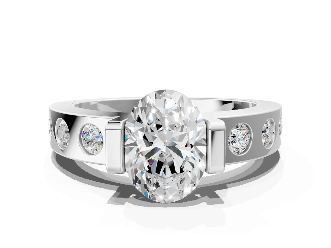 White gold Oval Brilliant Channel-Set Diamond Ring with Bezel Prong Setting_14