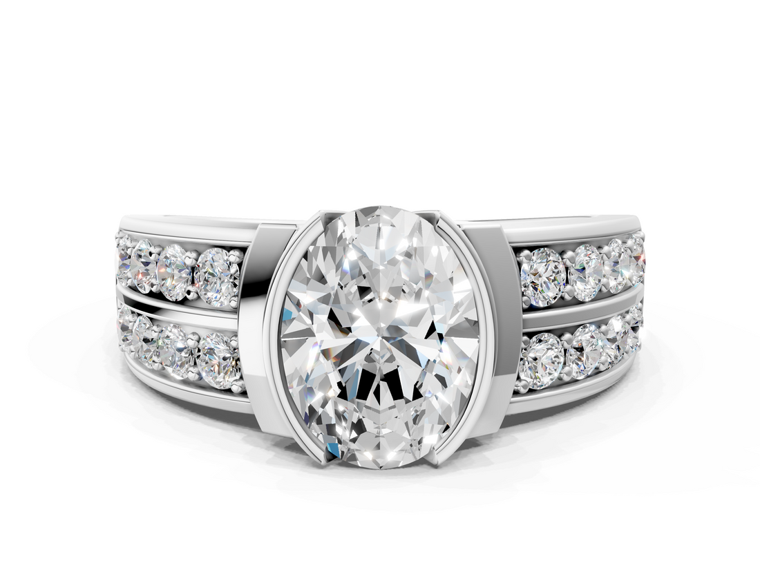 White gold Oval Brilliant Diamond Channel Set Wide Band Ring with Bezel Setting_64