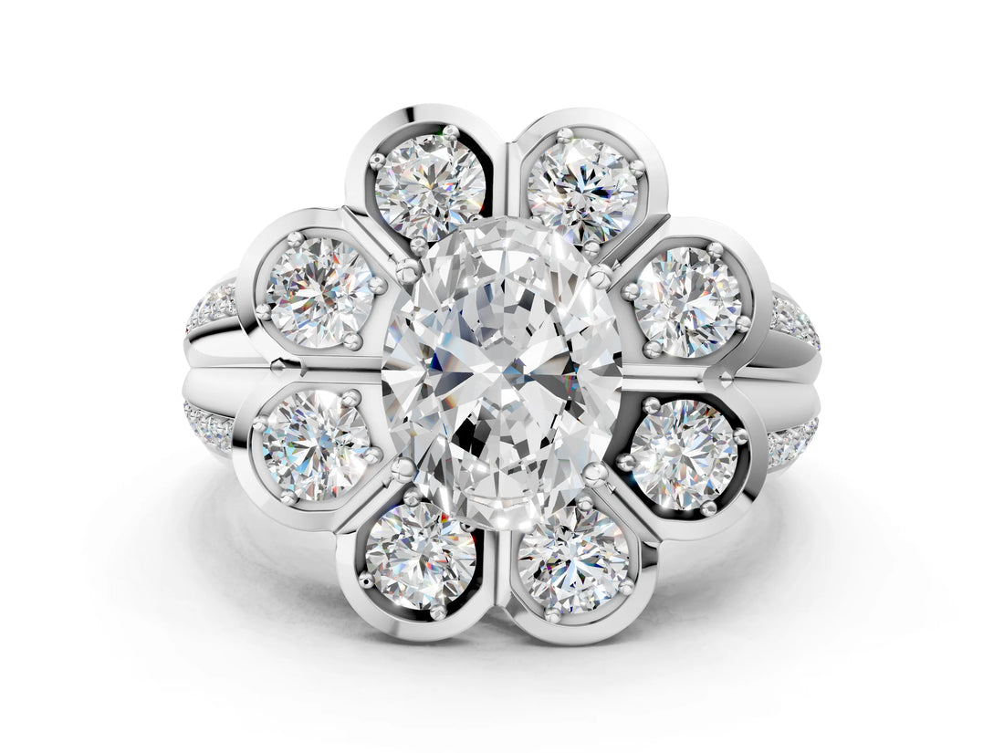 White gold Oval Brilliant Flower Halo Diamond Split Shank Ring_87