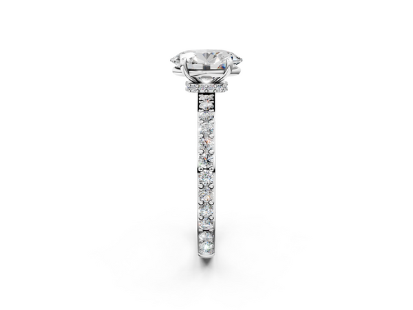 White Gold Oval Hidden Halo Solitaire Engagement Ring Setting with Pave Band and Prong Head