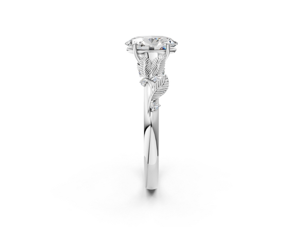 White gold Oval Cut Diamond Solitaire Ring with Leaf Motif Band and Four-Prong Setting