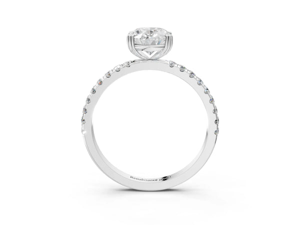 White gold Oval Brilliant Solitaire with Pavé Band and Claw Prong Setting