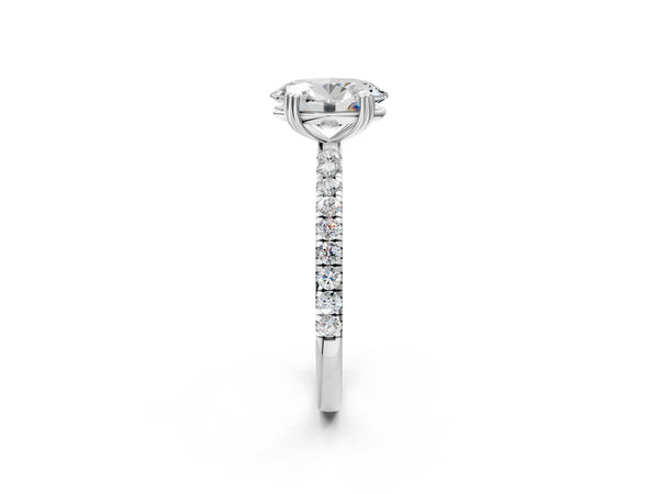 White gold Oval Brilliant Solitaire with Pavé Band and Claw Prong Setting