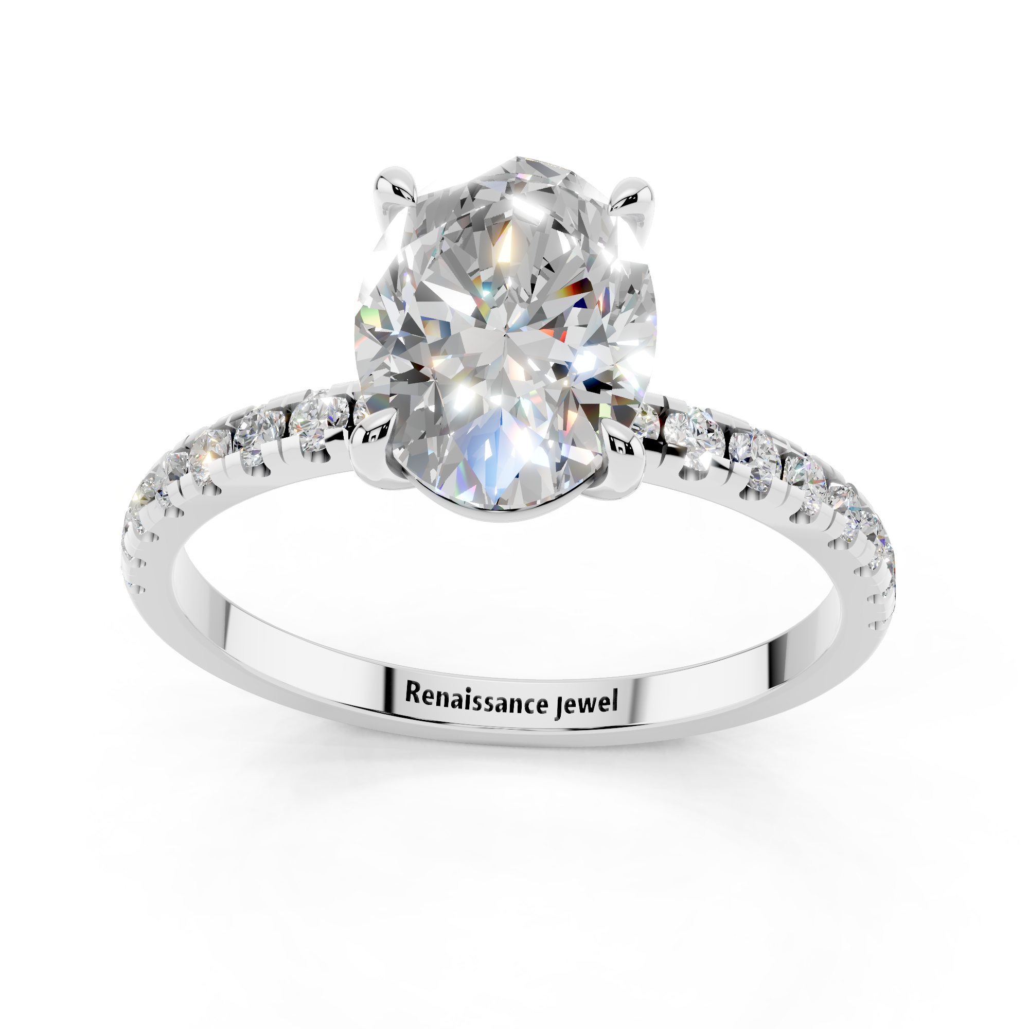 White gold Oval Brilliant Solitaire with Pavé Band and Four-Prong Setting_7