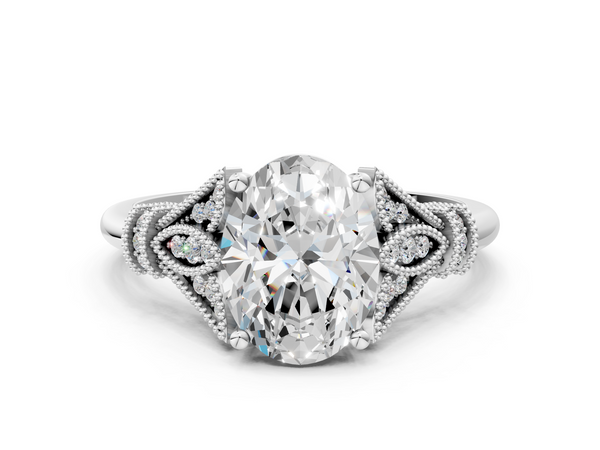 14K White Gold 1.62 Carat D VVS2 Oval Diamond Solitaire Ring with Floral Filigree and Pave Accents