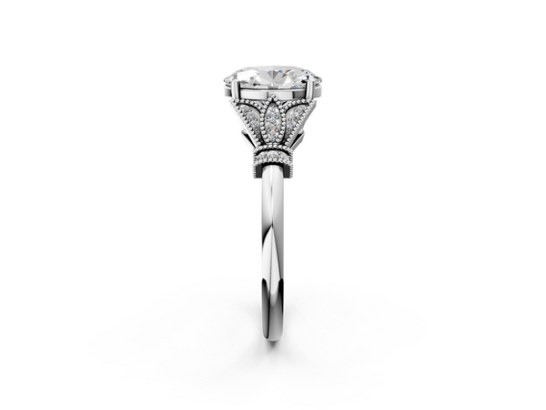14K White Gold 1.62 Carat D VVS2 Oval Diamond Solitaire Ring with Floral Filigree and Pave Accents