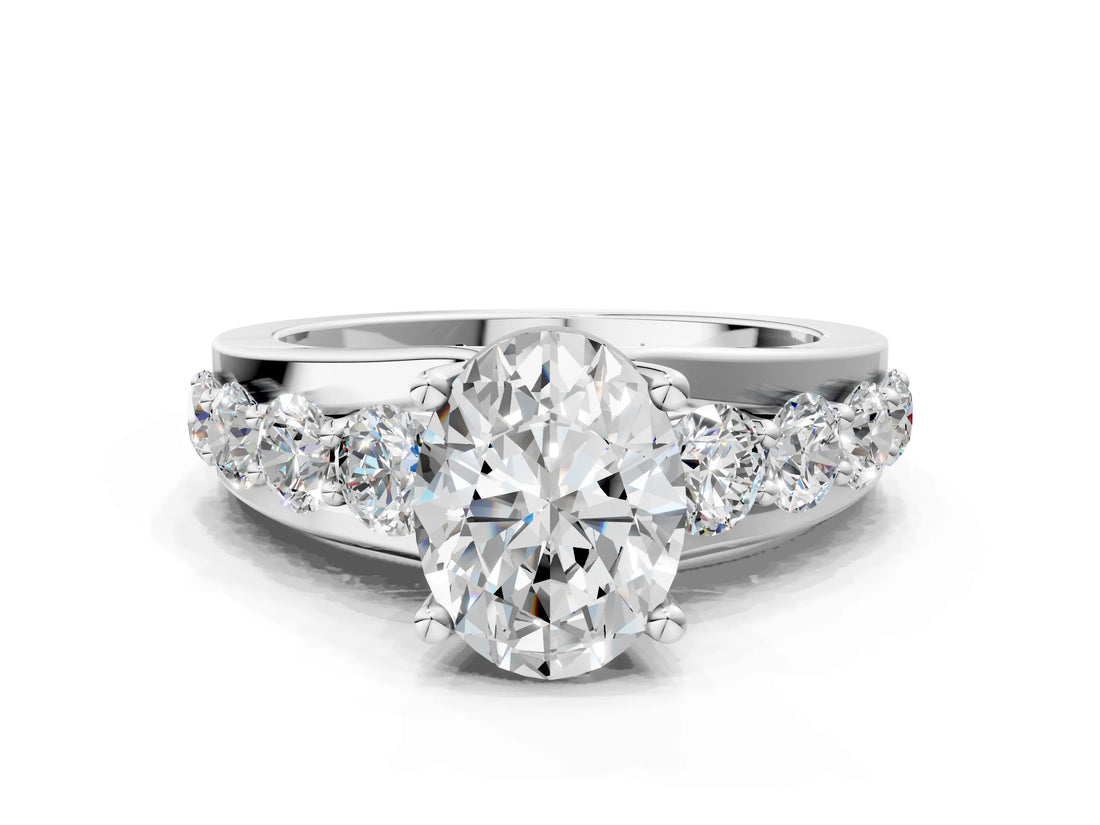 White gold Oval Brilliant Solitaire with Side Stones on a Pave Band and Four-Prong Setting_75
