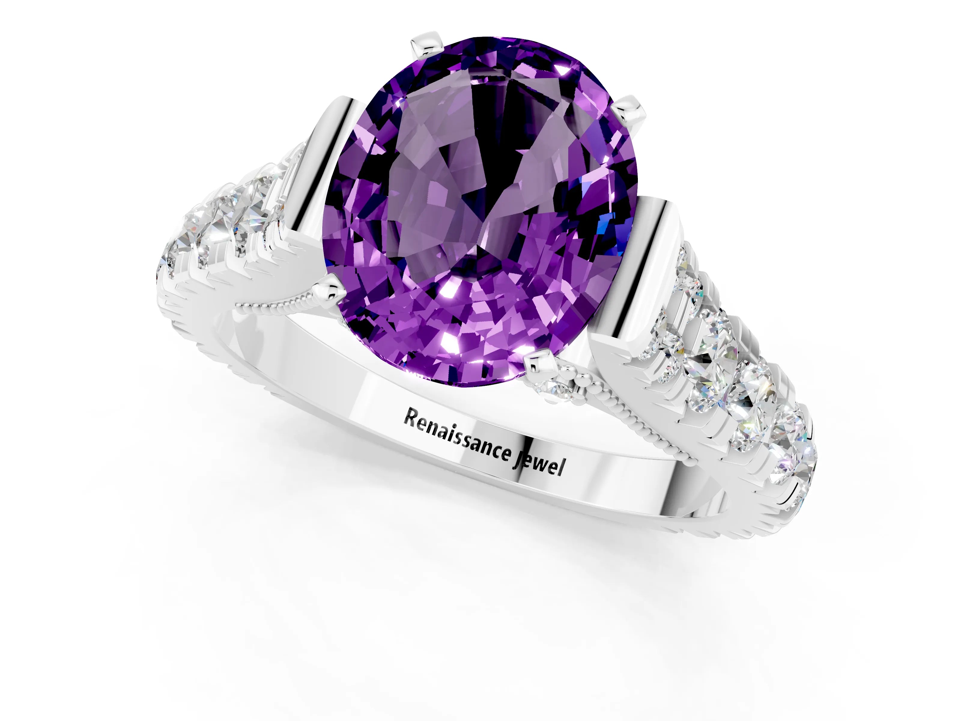 White gold Oval Cut Amethyst Classic Solitaire Ring with Pavé Band and Four-Prong Setting_1