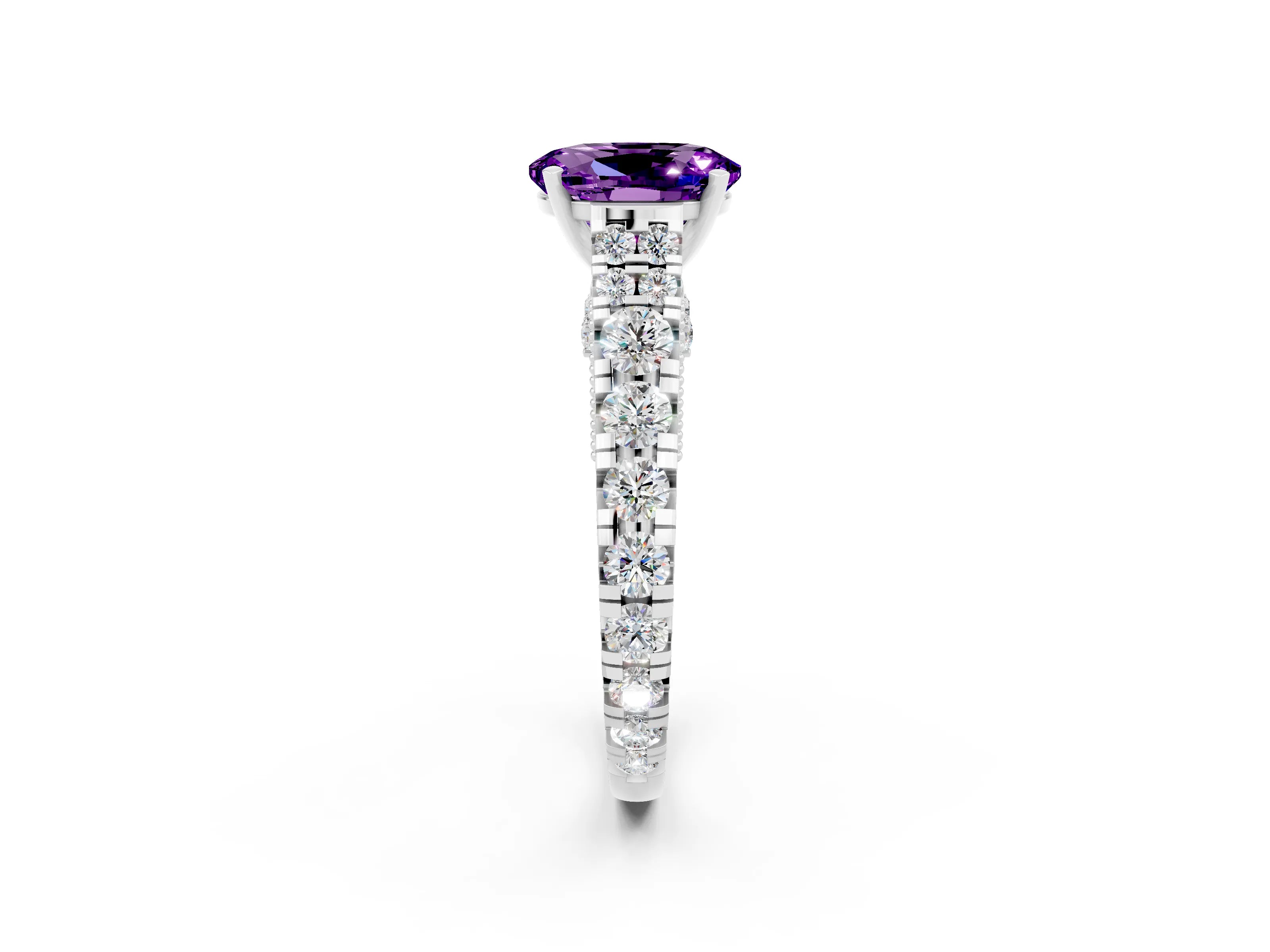 White gold Oval Cut Amethyst Classic Solitaire Ring with Pavé Band and Four-Prong Setting_2