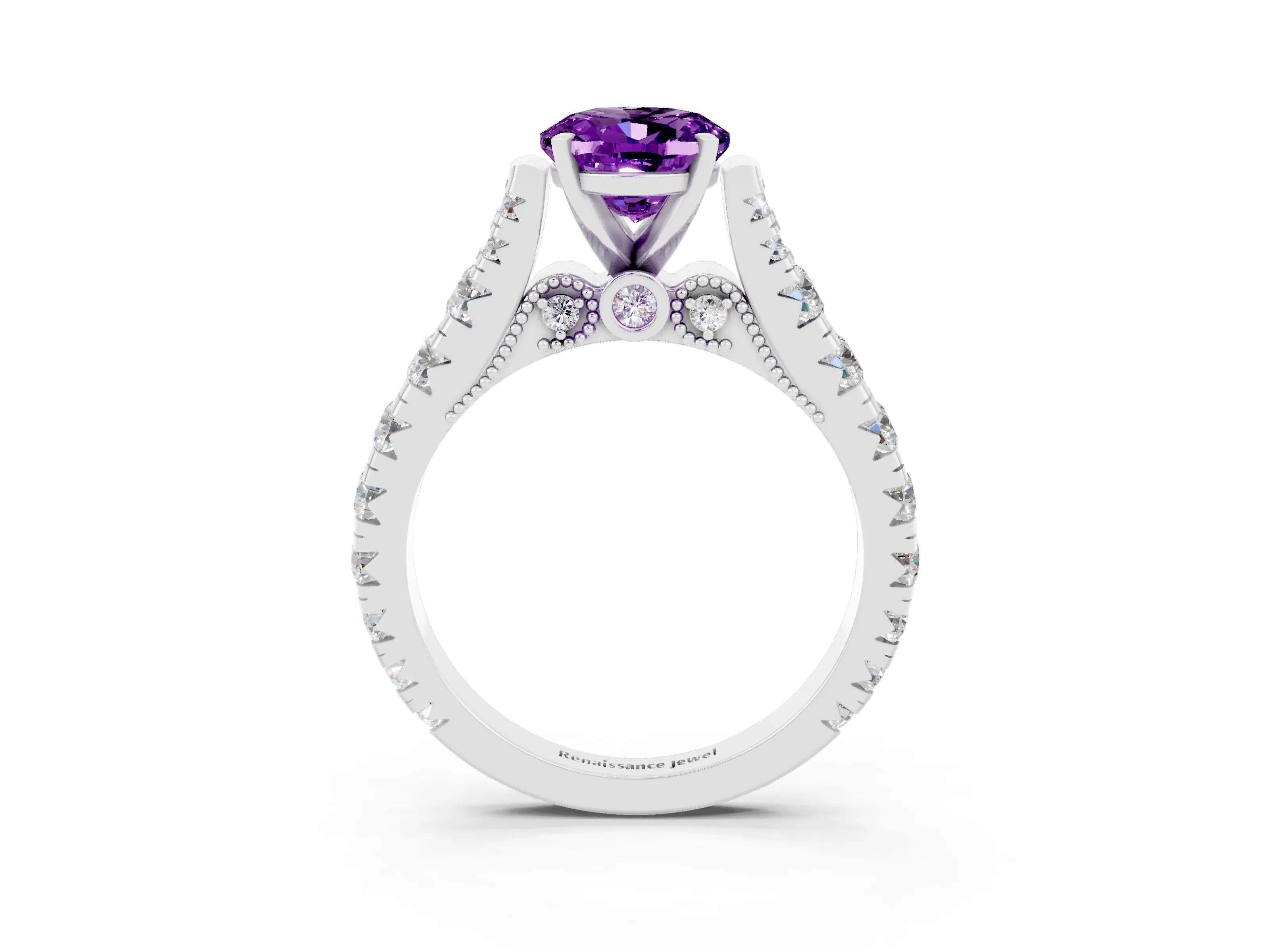 White gold Oval Cut Amethyst Classic Solitaire Ring with Pavé Band and Four-Prong Setting_3