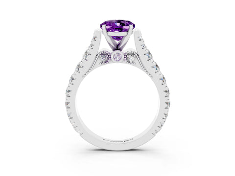 White gold Oval Cut Amethyst Classic Solitaire Ring with Pavé Band and Four-Prong Setting_3