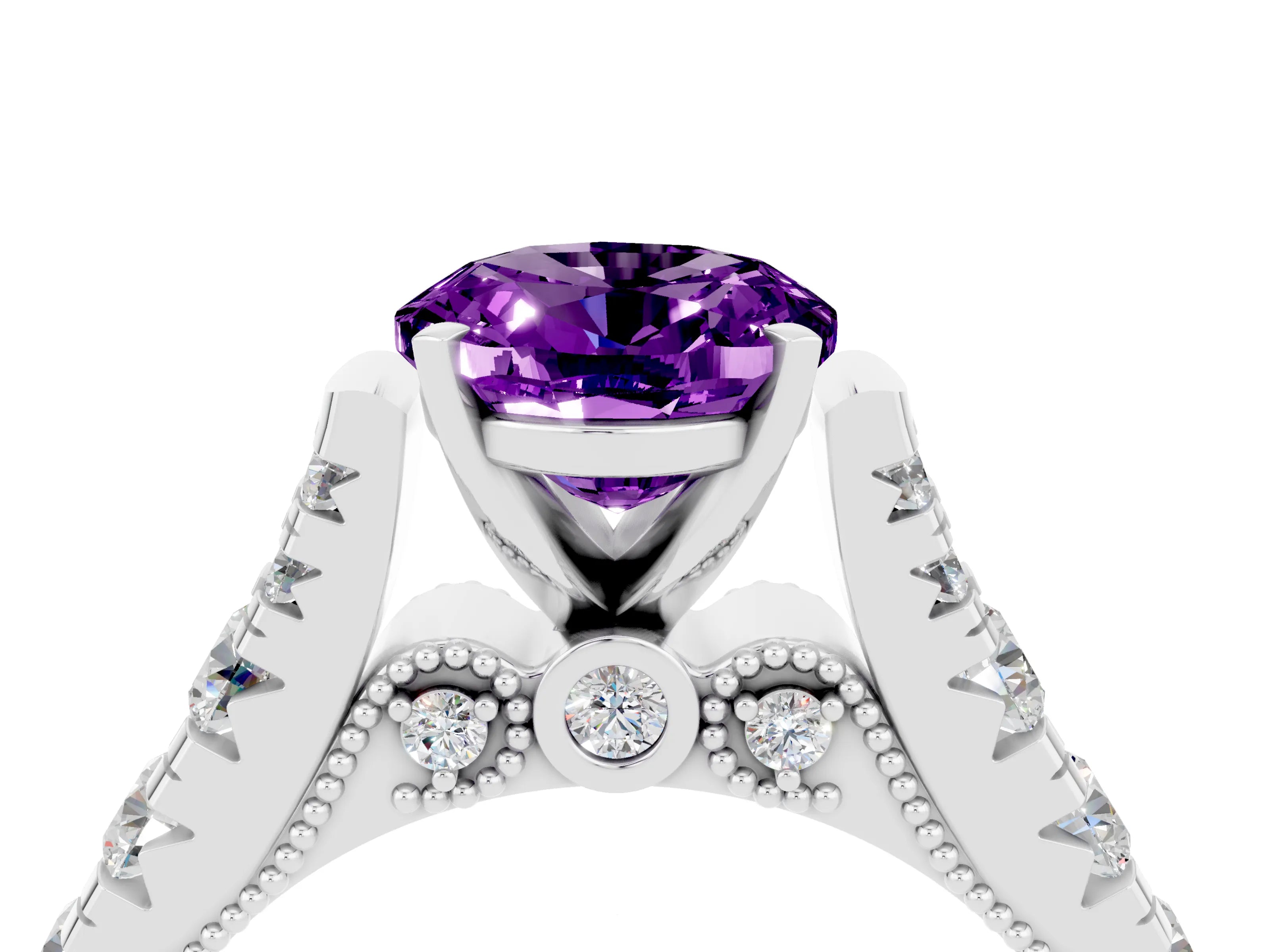White gold Oval Cut Amethyst Classic Solitaire Ring with Pavé Band and Four-Prong Setting_4