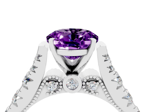 White gold Oval Cut Amethyst Classic Solitaire Ring with Pavé Band and Four-Prong Setting_4