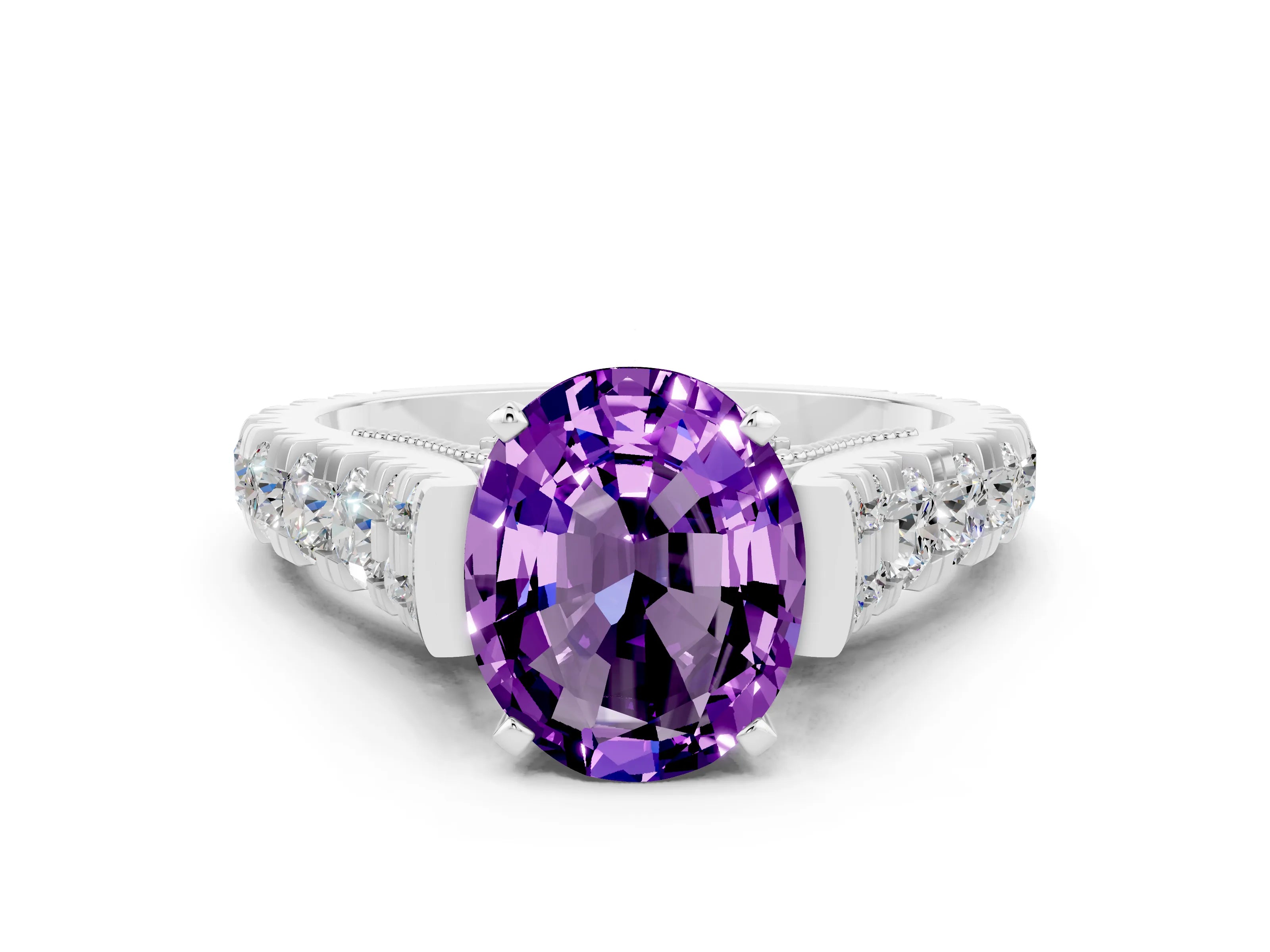White gold Oval Cut Amethyst Classic Solitaire Ring with Pavé Band and Four-Prong Setting