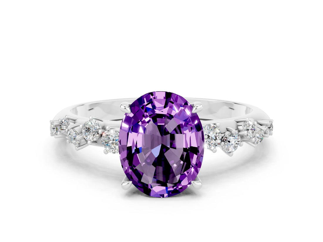White gold Oval Cut Amethyst Cluster Side Stone Solitaire Ring with Prong Setting_24