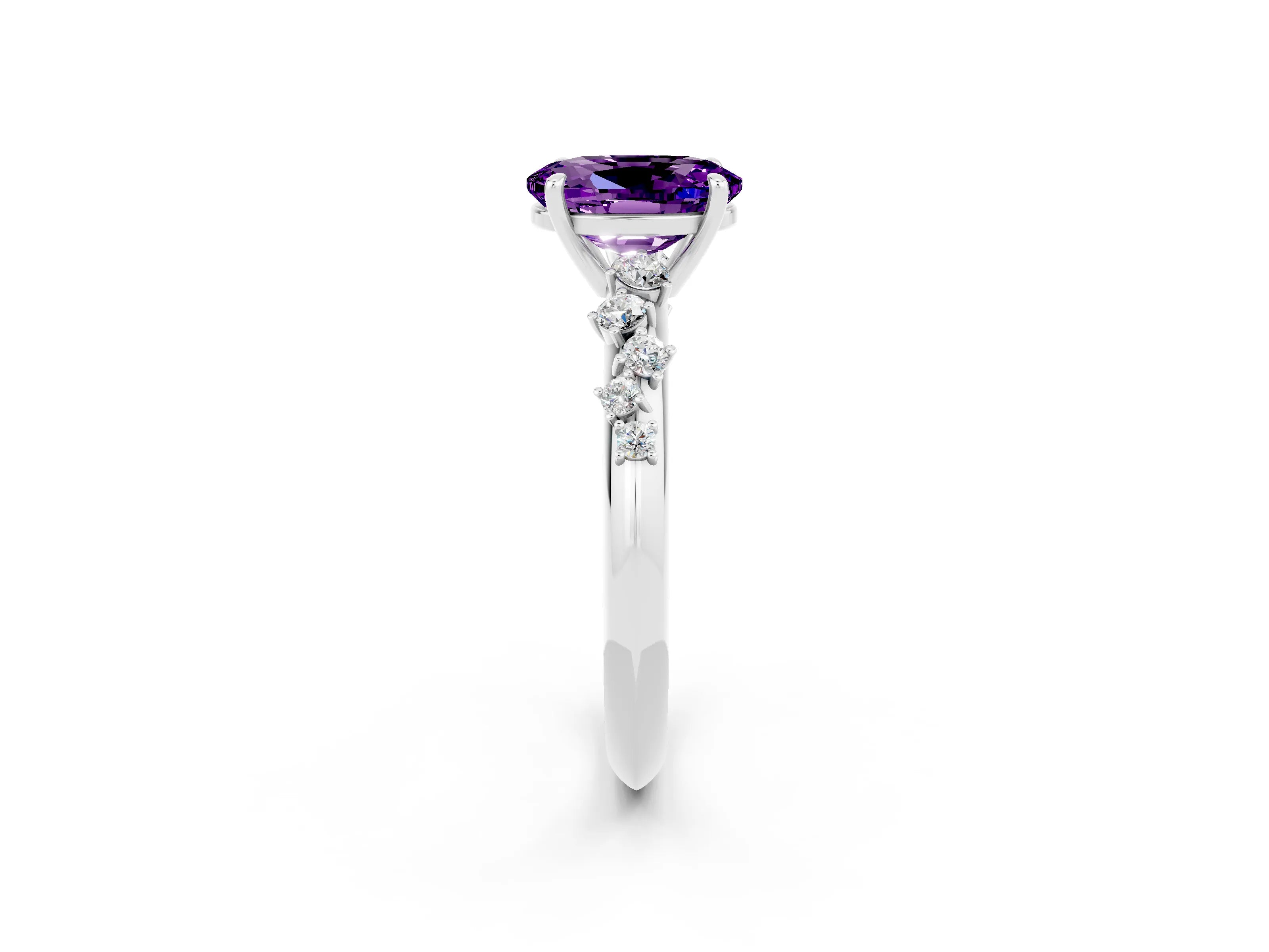 White gold Oval Cut Amethyst Cluster Side Stone Solitaire Ring with Prong Setting_26