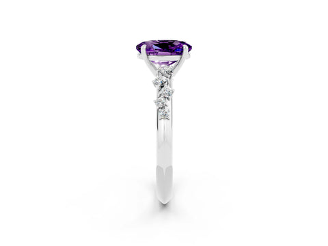 White gold Oval Cut Amethyst Cluster Side Stone Solitaire Ring with Prong Setting_26
