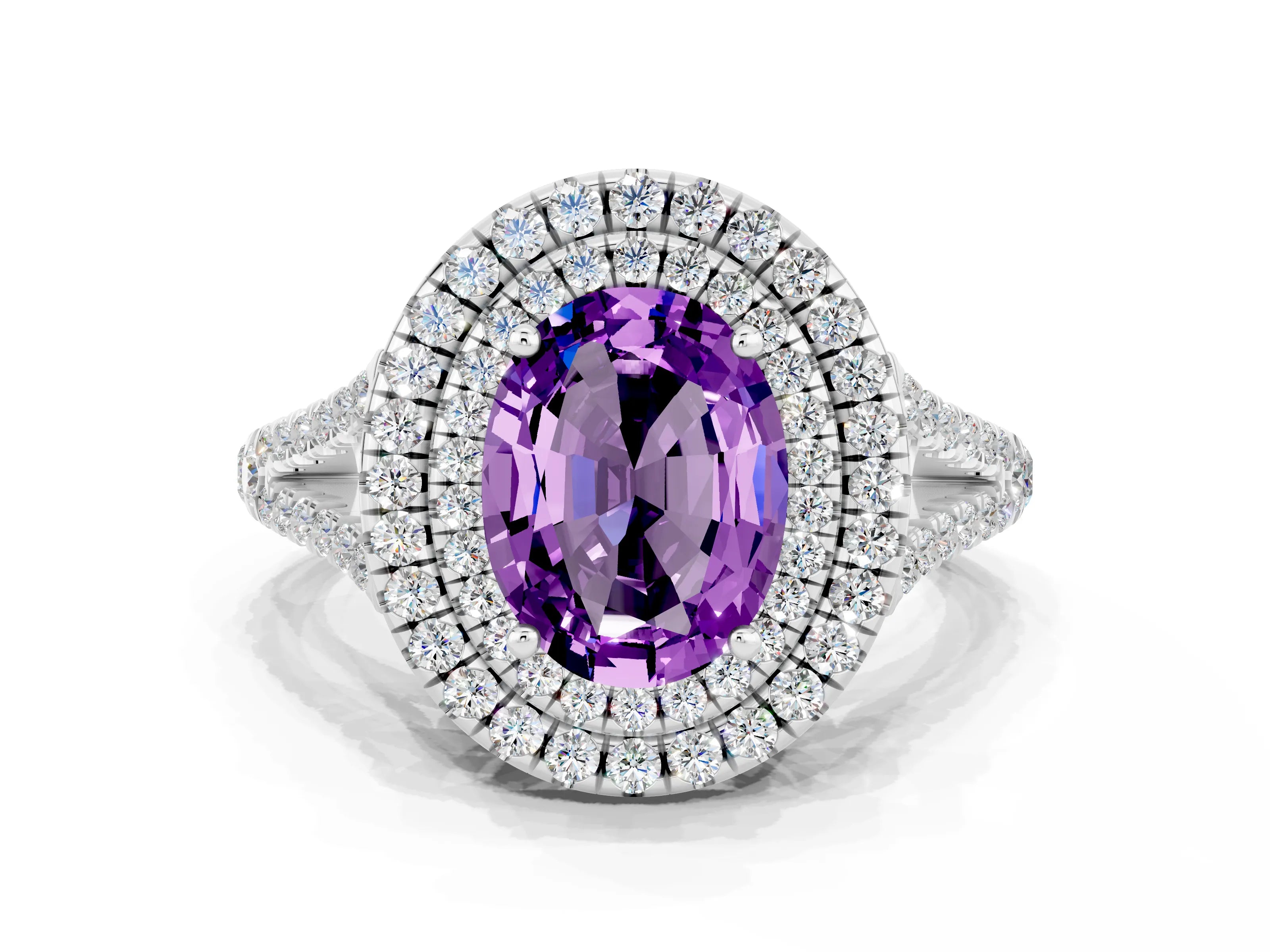 White gold Oval Cut Amethyst Double Halo Ring with Pavé Band and Prong Setting_12