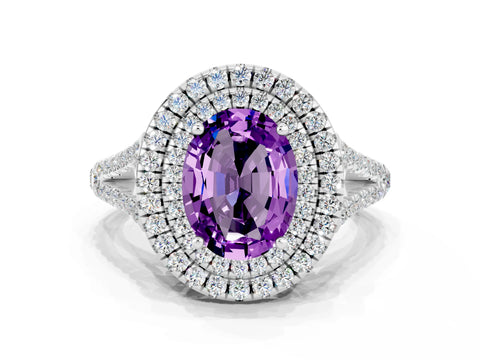 White gold Oval Cut Amethyst Double Halo Ring with Pavé Band and Prong Setting_12