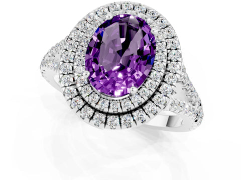 White gold Oval Cut Amethyst Double Halo Ring with Pavé Band and Prong Setting_13