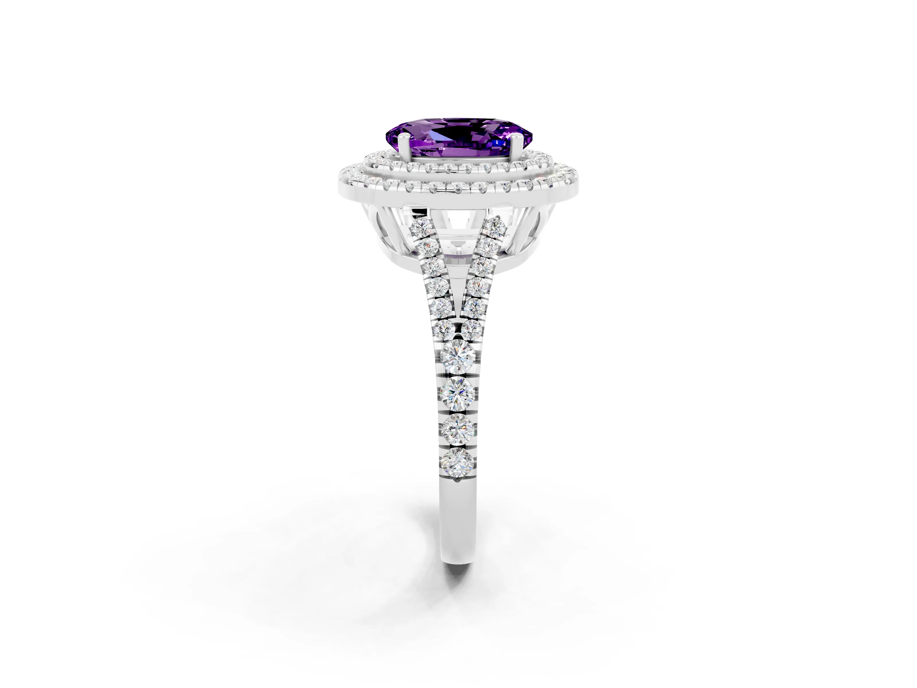 White gold Oval Cut Amethyst Double Halo Ring with Pavé Band and Prong Setting_14