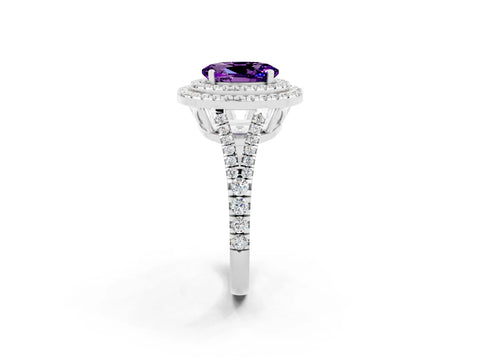 White gold Oval Cut Amethyst Double Halo Ring with Pavé Band and Prong Setting_14