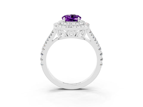 White gold Oval Cut Amethyst Double Halo Ring with Pavé Band and Prong Setting_15
