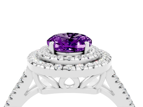 White gold Oval Cut Amethyst Double Halo Ring with Pavé Band and Prong Setting_16
