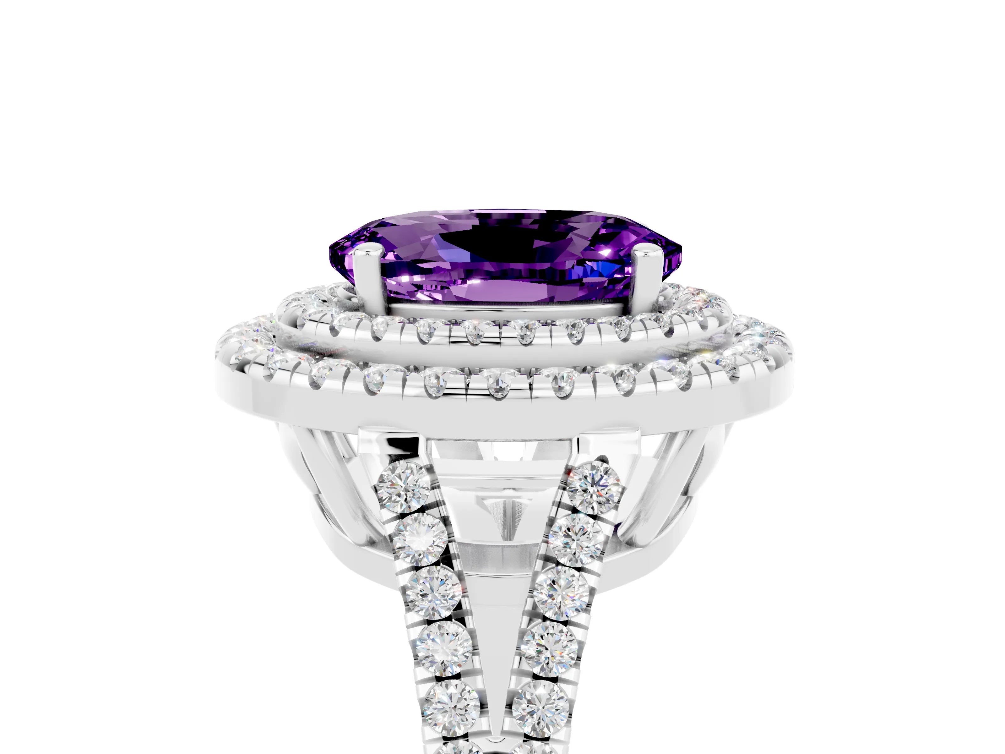 White gold Oval Cut Amethyst Double Halo Ring with Pavé Band and Prong Setting_17