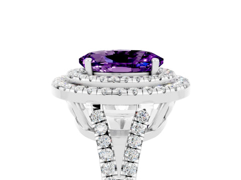 White gold Oval Cut Amethyst Double Halo Ring with Pavé Band and Prong Setting_17