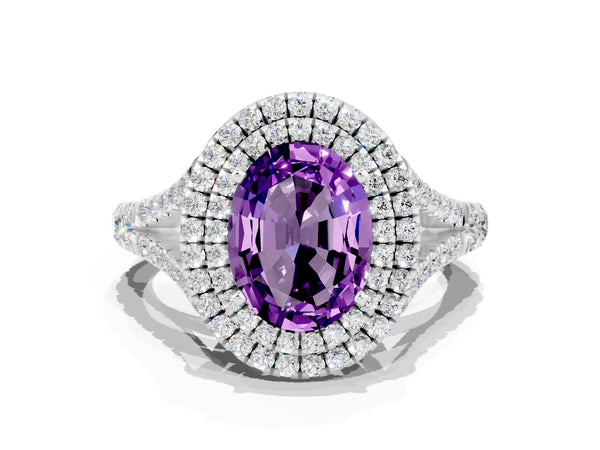 Platinum Oval Cut Amethyst Double Halo Ring with Split Shank and Prong Setting