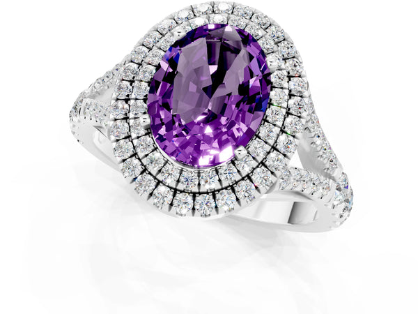 Platinum Oval Cut Amethyst Double Halo Ring with Split Shank and Prong Setting