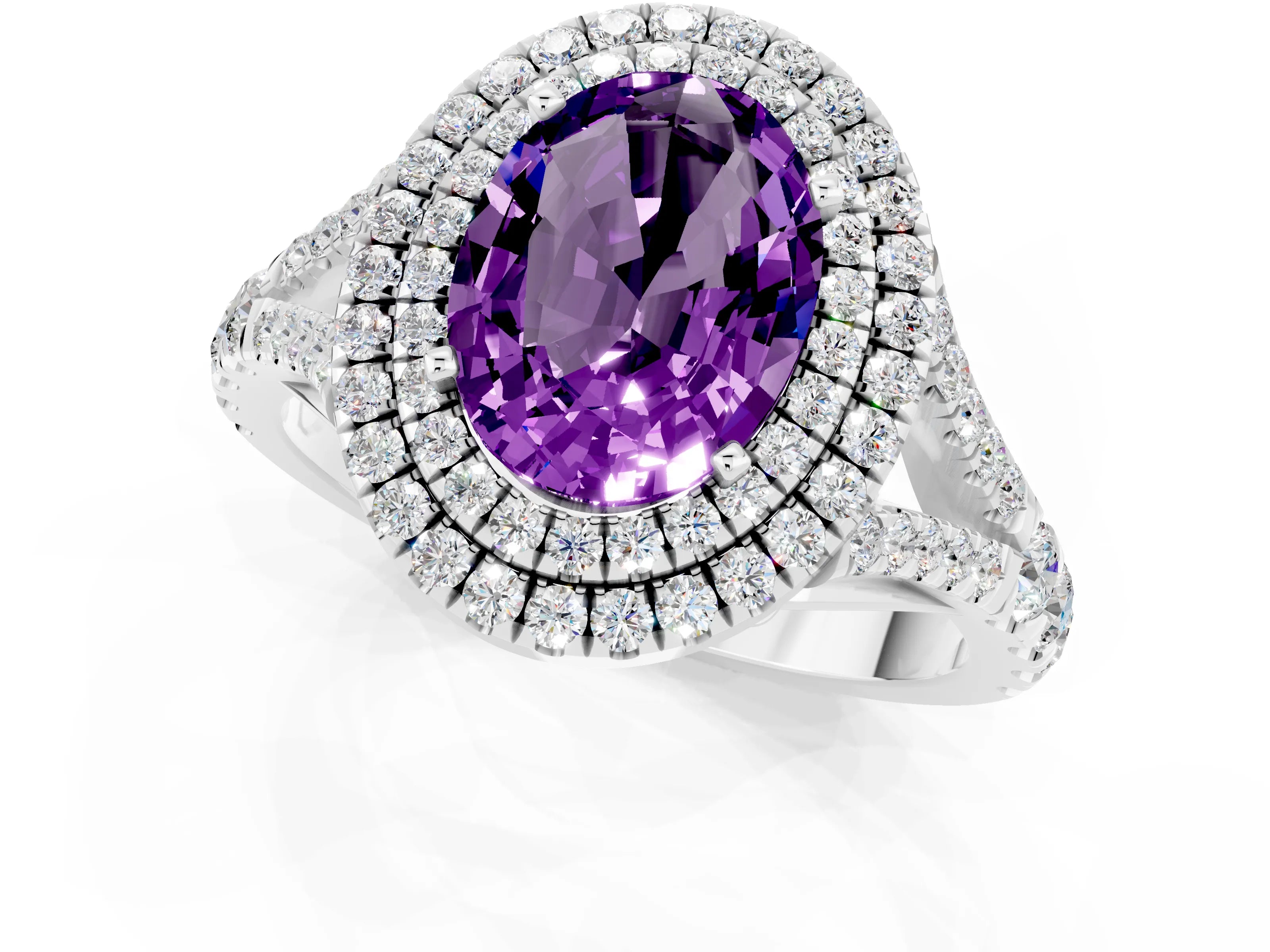 White gold Oval Cut Amethyst Double Halo Ring with Split Shank and Prong Setting_13