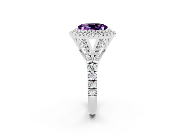 White gold Oval Cut Amethyst Double Halo Ring with Split Shank and Prong Setting