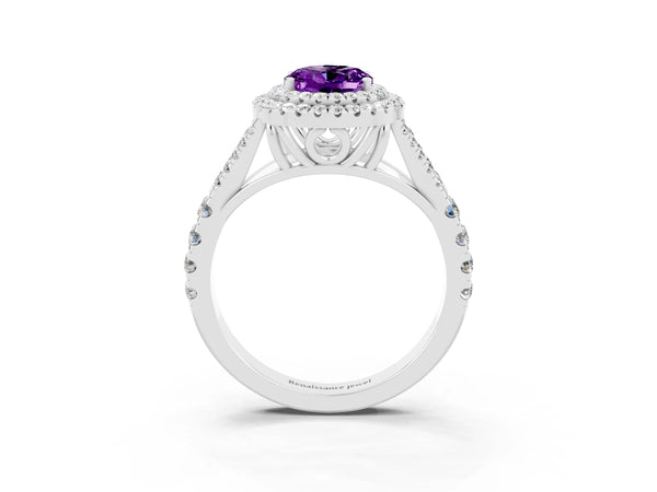 White gold Oval Cut Amethyst Double Halo Ring with Split Shank and Prong Setting