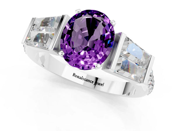 Silver Oval Cut Amethyst Engagement Ring with Baguette Side Stones and Channel Set Band