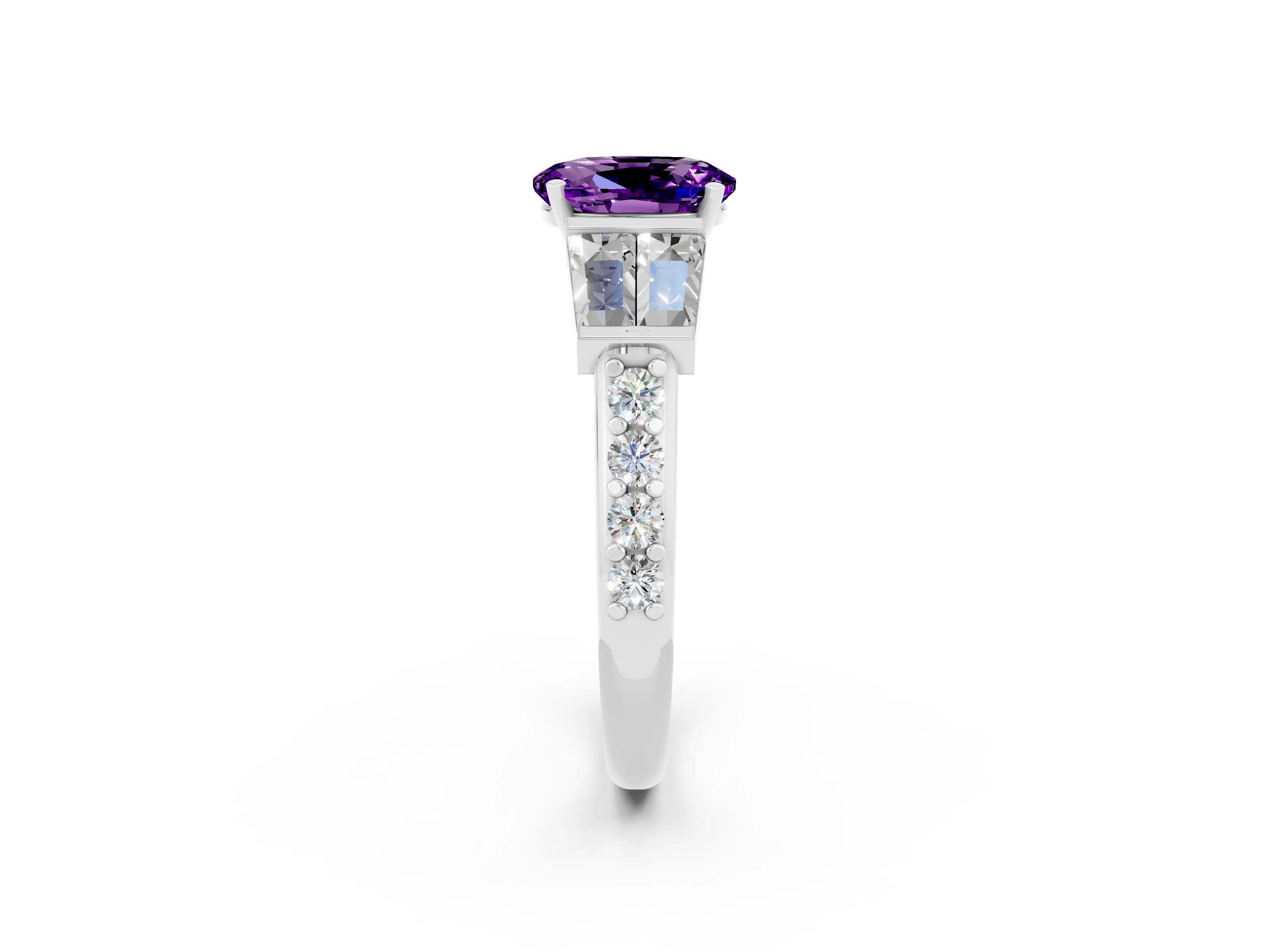White gold Oval Cut Amethyst Engagement Ring with Baguette Side Stones and Channel Set Band_2
